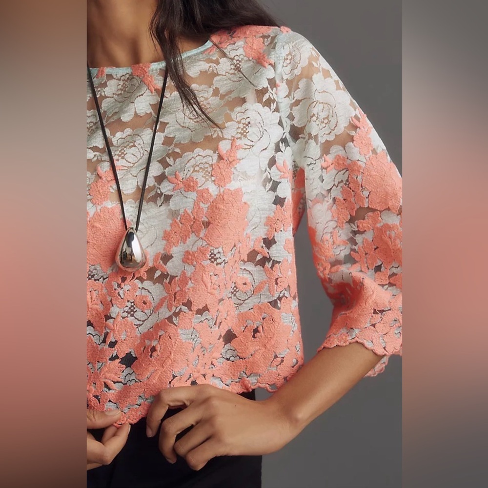 Anthropologie Eva Franco Floral Lace Women Top - Coral and Baby Blue